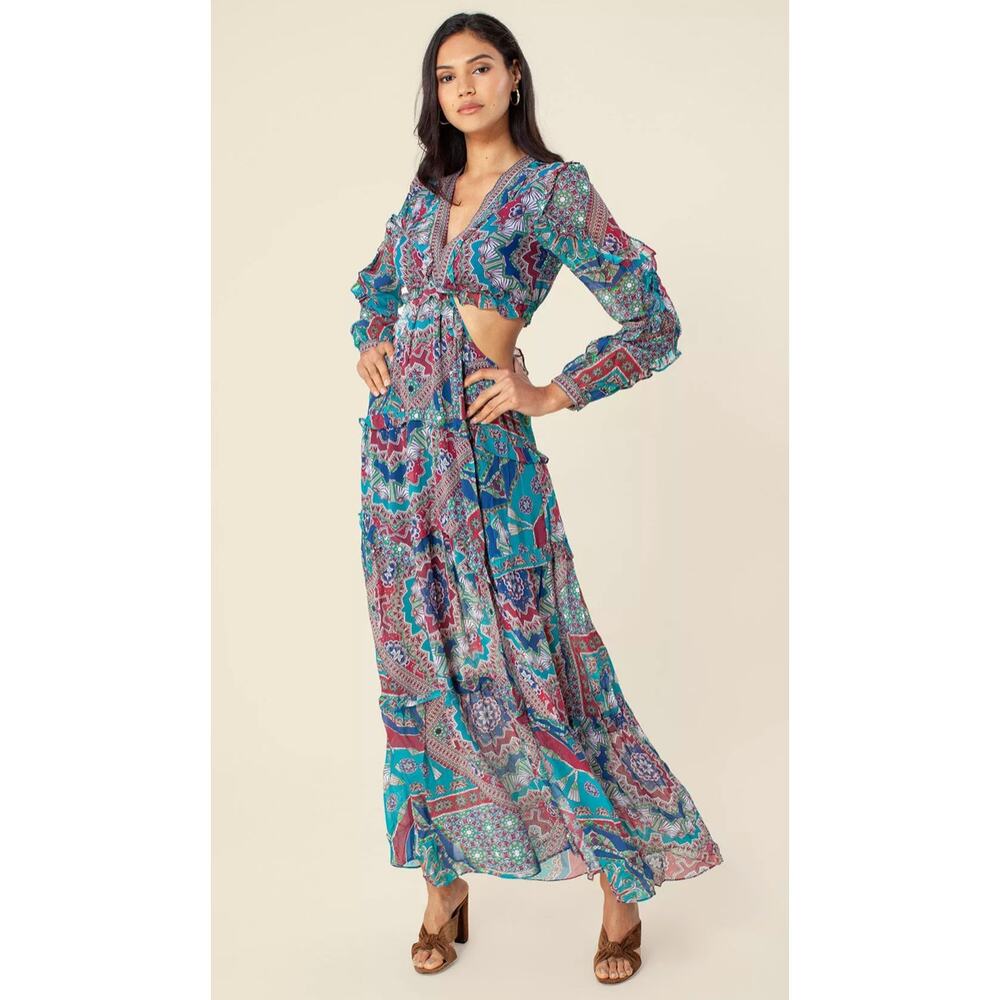 Hale Bob Pandora Cut Out Maxi Dress Womens XS Emerald Long Sleeve New